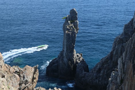 高さ30ｍの巨岩・観音岩の近くを行くグラスボート（柏島クルーズ）