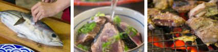 漁師のおかみさんたちが優しく指導してくれます。とびきり新鮮なカツオをさばいて、豪快にわら焼き
